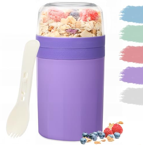 Bugucat Müslibecher to Go 520ML+250ML,Praktischer Joghurtbecher mit Löffel, Auslaufsicher Müsli Cup Becher mit Soßenbox,Müslibox Brotdose Lunchbox für Kinder & Erwachsene, Lila