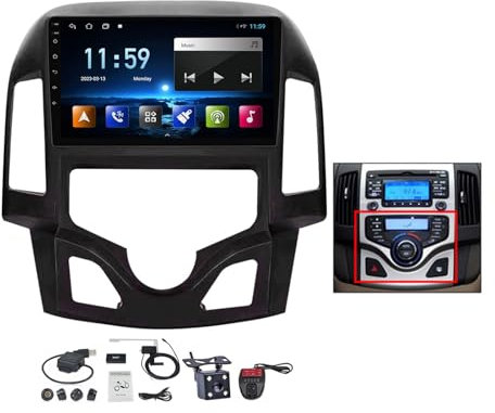 Radio de coche doble DIN con pantalla táctil de 9 pulgadas para Hyundai i30 1 FD (2007-2012) con CarPlay, Android Auto, Bluetooth y Android 12, cámara de visión trasera, radio FM y controles en el vo