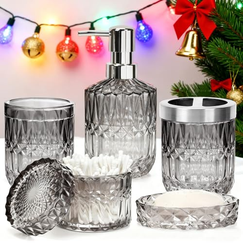 Badezimmer-Zubehör-Set, 5-teiliges Glas-Set mit Lotionspender, Seifenschale, Zahnbürstenhalter, Becher, Wattestäbchen-Gläser, Moderne Baddekoration (Gold)