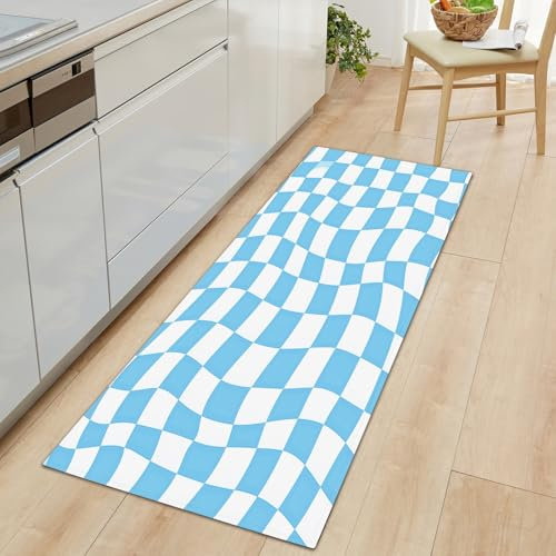 Lang rutschfest Flur Läufer Teppich 60 x 180 cm, Waschbar Blau Weiß Korridor TeppichLäufer für Flur Wellenstreifen Blau Weiß Kariert Schlafzimmer Wohnzimmer Teppichmatte Dauerhaft Küchenteppich