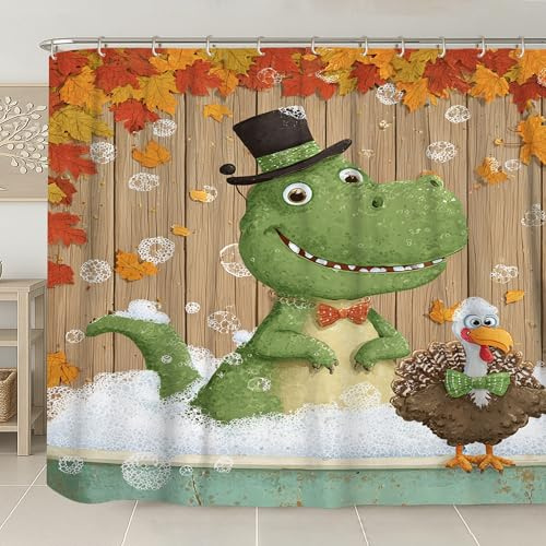Duschvorhang mit Dinosaurier- und Truthahn-Motiv, buntes Cartoon-Badezimmer-Dekor für Herbst, Thanksgiving, lustiger, fantasievoller, wasserdichter Stoff-Duschvorhang mit Haken, 274 x 183 cm