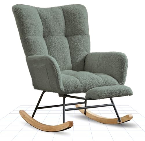 FLEXISPOT Fauteuil à Bascule avec Dossier Haut et Repose-Pieds, Fauteuil Pivotant Moderne avec Base en Bois,Chaise Relax Rembourré pour Salon et Chambre, Charge jusqu'à 120 kg, Vert