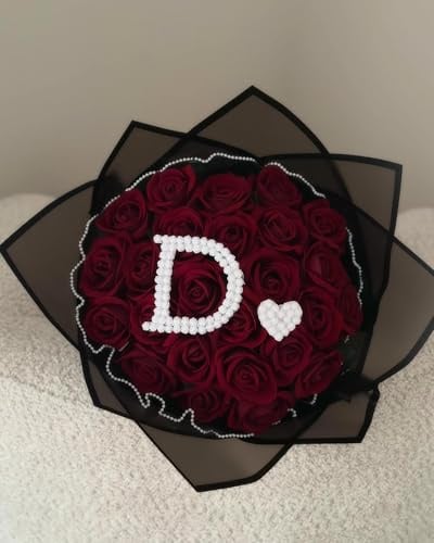 Générique Bouquet de Roses Artificielles Rouges avec Perles, 25 Fleurs (Initiale en Supplement)