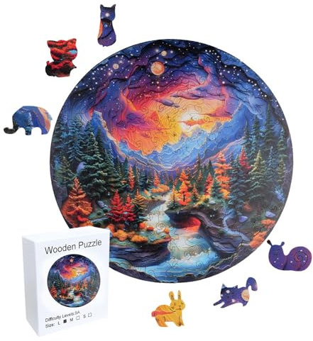 wocpvm Holzpuzzle Erwachsene,Puzzle Holz Fantasie Berg Wald Fluss mit Sternenhimmel,Einzigartige Unregelmäßige Teile für Erwachsene,Exquisite Geschenkverpackung(29 x 29 cm)