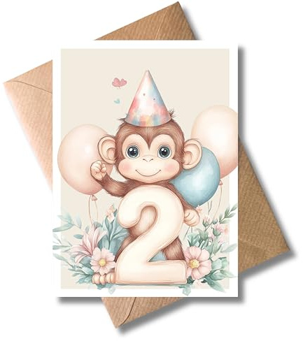 WBdesignz 2. Geburtstag Karte mit Umschlag - Süße Affenkarte „Happy Birthday“ mit Zahl 2, Luftballons & Blumen - Ideal zum zweiten Geburtstag (DIN A6)