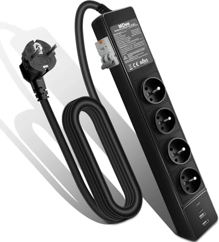 MDee RCD Multiprise avec 4 Ports USB, 3680W Multiprise Electrique avec disjoncteur différentiel, 4 Prises de type E, 16A, avec Interrupteur FI/Circuit Breaker, Câble 3M pour Électroménager, Ordinateur