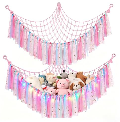 Stuffed Animal Hammock with LED Lights, Teddy Hammock Toy Storage Net, Hand Woven Plush Macrame Organizer with Tassel for Nursery, Kids Bedroom Decor (Pink)