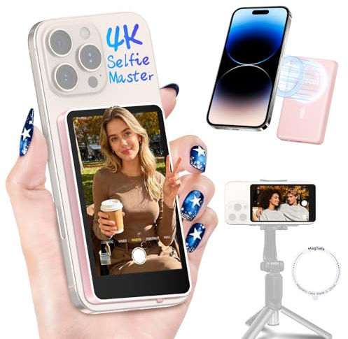 Moman Phone Vlog Selfie Monitor Screen for iPhone 7-16 & Android, 3H Battery 1080P/4K Magnetic Back Camera Wireless Monitor for Selfie Vlog Tiktok YouTube Video Record Live Content Creation, Pink