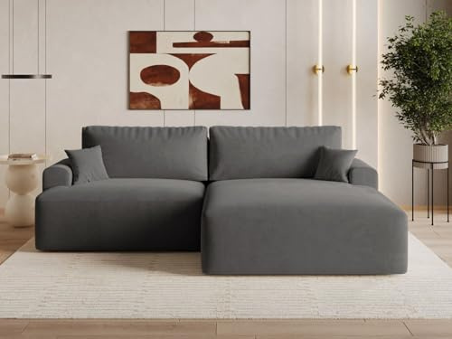 GRAINGOLD Serene L Ecksofa modern mit Bettfunktion, 259x145 cm, L-Form Sofa, Schlafcouch für Wohnzimmer, Velvet-Stoff, 3-Sitzer Eckcouch, Ecksofa mit Bettkasten (Dunkelgrau, Rechts)