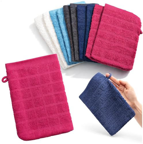 com-four® 10x Waschlappen aus 100% Baumwolle 15 x 21 cm – Waschhandschuhe weich und saugfähig – Handwaschlappen für Bad, Dusche, Gesicht und Körperpflege (10 Stück - blau/grau/rot/türkis/Weiss)