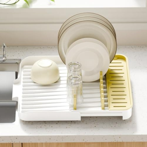 Urackify Plastic Extendable Dish Drainer Worktop Sink Rack Plate Glass Holder Detachable Drain Tray Kitchen Organiser