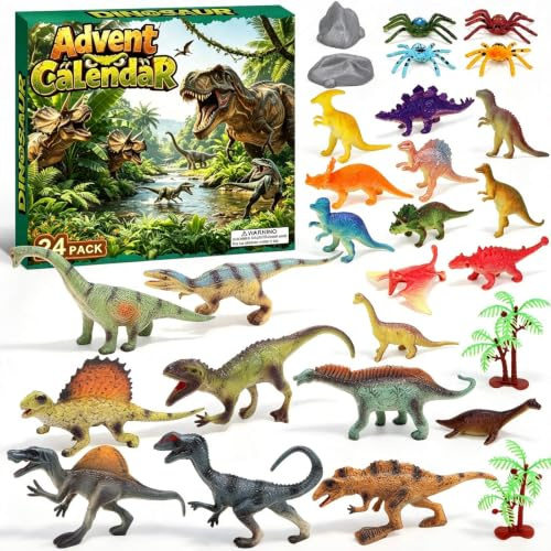 Dinosaurier Adventskalender 2026 Jungen Mädchen, 24 Teile Dino Spielset mit T-Rex, Triceratops, Vulkan, Spinne, Weihnachten Countdown Kalender Geschenk für Jungen Mädchen ab 3 Jahren
