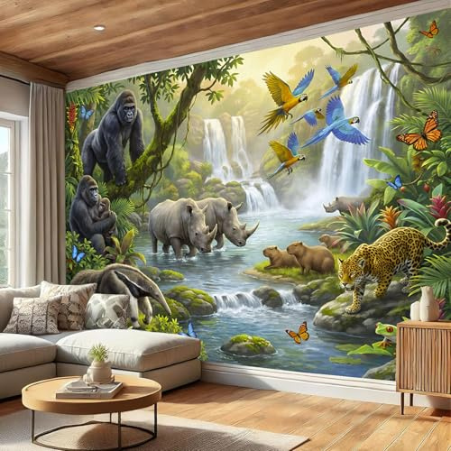 Papier Peint Panoramique Gorille Rhinocéros Léopard 250 x 175 cm, Forêt Tropicale Humide Faune Sauvage Papier peint photo non tissé, Vert Murales Poster intissé - pour Salon Chambre à Coucher
