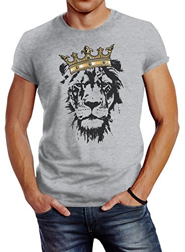 Neverless Herren T-Shirt König der Tiere Löwen-Kopf mit Krone Slim Fit grau 3XL