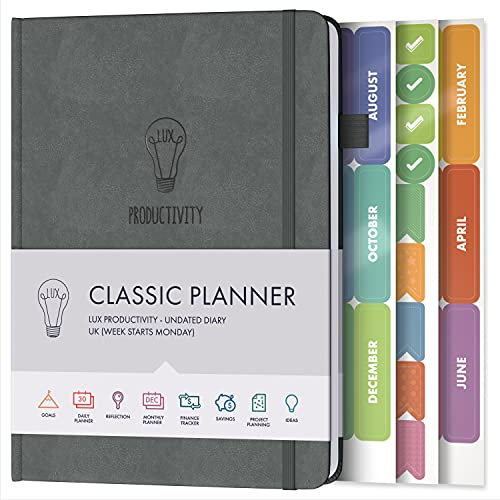 LUX Produktivität-Planer 2018, mit Tagesprogramm & Rückblick, zum managen von Zeit/Projekten/Finanzen und zum Ziele setzen um dankbar und glücklich zu sein (evtl. nicht in deutscher Sprache) grau