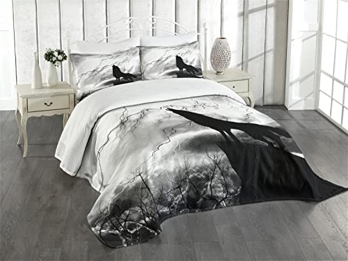 ABAKUHAUS Wolf Tagesdecke Set, Heulen Unter Vollmond, Set mit Kissenbezügen Moderne Designs, für Doppelbetten 264 x 220 cm, Schwarz-grau und weiß