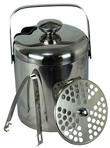 HRB Marken Edelstahl Eiswürfeleimer 1,3L, sehr gut isolierter Eiseimer mit Deckel Innensieb und Zange für Eiswürfel, Eiskübel mit Doppelwandisolierung