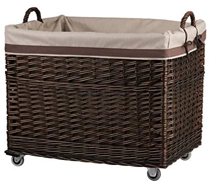 e-wicker24 Alles aus Weide Vollweidener Kaminkorb, rechteckig, Rollkorb aus Weide, Rollkorb für Kaminholz, Rollkorb mit Stoffbesatz Holzkorb (Dunkelbraun)