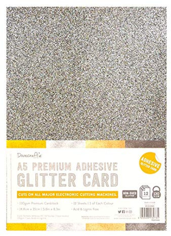 Dovecraft DCGCD046 Adhesive Glitter Card, Silver, Rose Gold & Gunmetal-130GSM – Non Shed – Acid Free – for Cricut, Brother & Silhouette – for Party, Papercraft & Home Décor, Metallic (12 Pack), A5