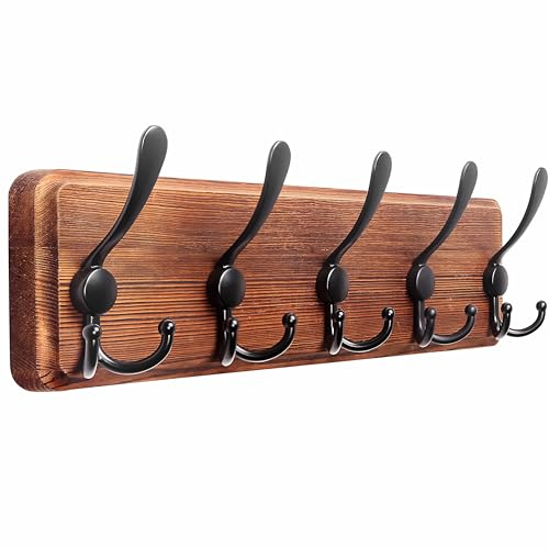 Dseap Garderobe, Garderobenhaken - Robust Vintage Garderobenleiste Holz mit 5 Dreifachhaken, Kleiderhaken Wand, Hakenleiste, für Jacken Mäntel Handtaschen, Natur