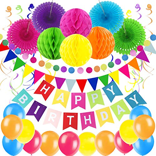 ZERODECO Geburtstag Dekoration, Happy Birthday Banner Wabenbälle und Fächerdekoration Papier Girlande Fächer Dreieckige Wimpel Spiral Girlanden und Luftballon - Mehrfarbig