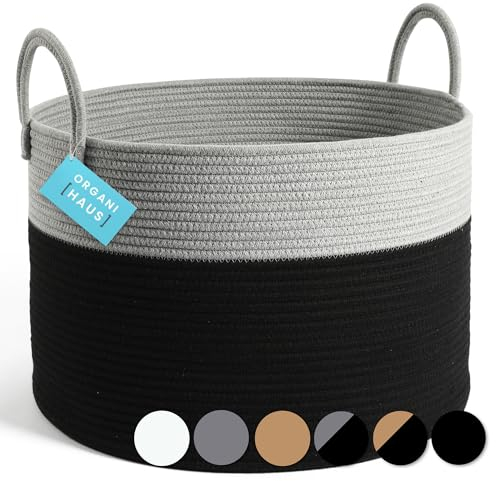 OrganiHaus Cesta para Guardar Mantas 50x33cm, Cesto Ropa Sucia, Cesta de Almacenaje de Cuerda, Cesta Organizadora Grande para Decoración del Hogar, Cesta de Almacenaje de Juguetes, Negro/Gris
