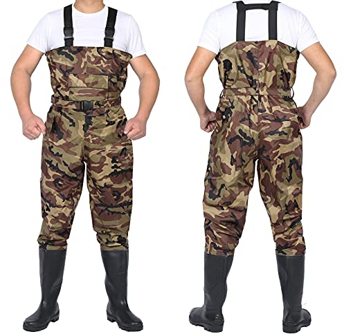GXFXLP Anglerhose Wasserdicht mit Stiefel, Wathose Herren Camouflage Wathose rutschfest, Angelhose Herren Watstiefel Herren Teichhose Kältebeständig,UK 9/EU 43