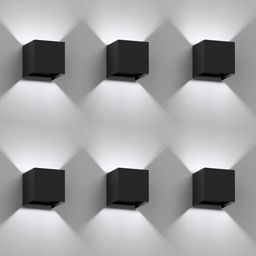 ledscom.de 6 Stück Wandleuchte CUBEL für außen, schwarz, IP65, Up & Downlight, quadratisch + LED Lampe 596lm, weiß