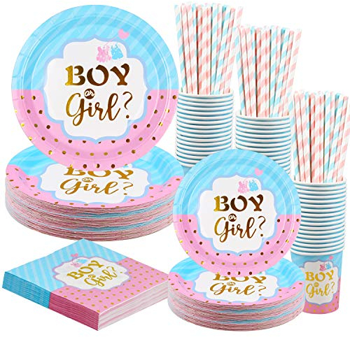 Rorchio Gender Reveal Geschirr, Teller Baby Shower Unisex Baby Girl Gold Boy Kit Zubehör Babyparty Taufe Pappteller Becher Servietten Strohhalm aus Papier, 24 Gäste