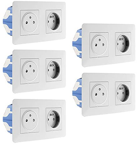 Lot de 5 doubles prises 2P+T 16A livrée avec boîte d'encastrement blanche - Artezo