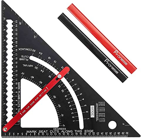 Pronese Adjustable Roofing Square 12-Inch, Aluminum Alloy Rafter Square, Metric & Imperial Carpenter Square Set, Precision Speed Square Carpenter Pencils Woodworking Tool Set