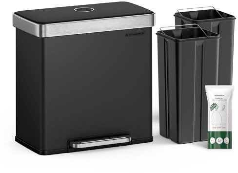 SONGMICS ULTB202B01 Küchen-Mülleimer, 2 x 8 Gallonen, 60 l Tret-Recycling-Mülleimer, offener Deckel und Softverschluss, Edelstahl, 15 Müllbeutel im Lieferumfang enthalten, Schwarz
