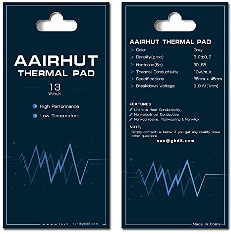 Aairhut Thermal Pad Wärmeleitpad 13W/mK, 85x45x2mm Silikon-Kühlpad, GPU, Nicht leitend, hitzebeständig, Extreme Odyssey-Abdeckung mit Zwei selbstklebenden Folien für PC-Laptop-Kühlkörper/GPU/CPU