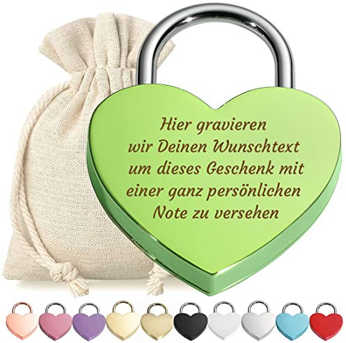 Herz Liebes-Schloss Bügelschloss Vorhängeschloss Grün Gravur mit Schlüssel - Wunschtext - Metall eloxiert - Geschenkbeutel - Geschenk Liebesgeschenk Valentinstag Jahrestag - Paar Ehepaar