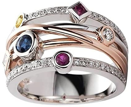 Damen Hip Hop Ring mit stilvollen geometrischen Linien und bunten Zirkonia Steine Geburtstagsgeschenk Bridal Party Ring,10