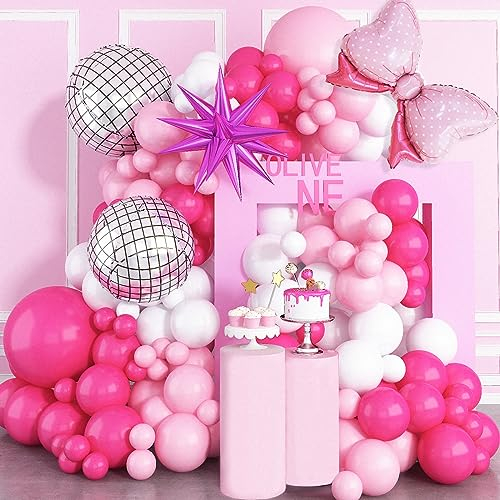 Jobkoo Pink Balloon Arch Kit, Metallic Pink Chrome Magenta Balloon Garland with Disco Ball Bow Balloons Fuchsia Latex Balloons for Girls Birthday Baby Shower Princess Party Decorations