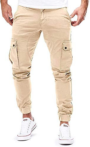 Cassiecy Cargohose Herren Slim Fit Casual Jogger Chino Cargo Hosen Stretch Jogginghose Sporthose Freizeithose mit 6 Taschen (L, Khaki)