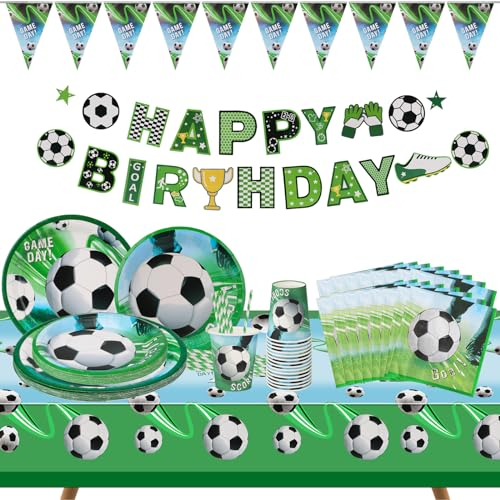 Décorations de Fête de Football, Vaisselle de Fête football pour 16 Invités, Vaisselle Decoration Anniversaire Thème du Football avec Assiettes en Papier, Serviettes, Tasses, Nappe, Bannière