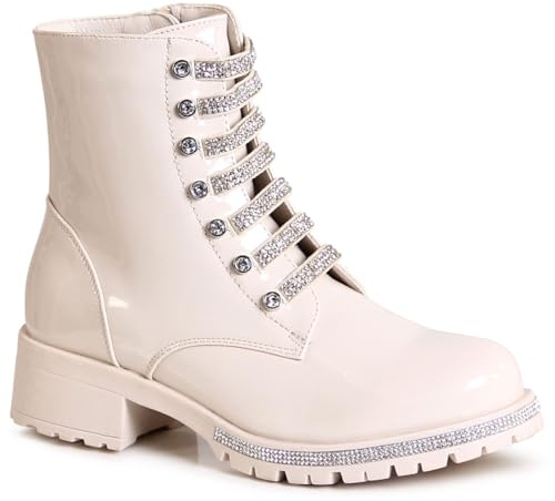 topschuhe24 2859 Damen Lack Stiefeletten Glitzer Worker Biker Boots, Farbe:Beige, Größe:36 EU