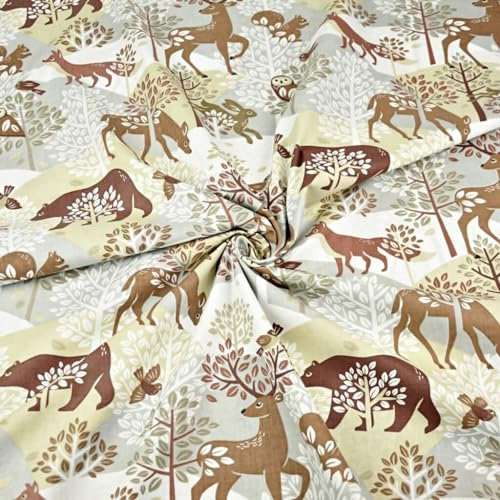 Textrend Baumwollstoff - Stoff zum Nähen - 100% Baumwolle - Textilien 1x1.6m - Stoffe Meterware - Waldtiere (Tiere beige und graue Hirsche)