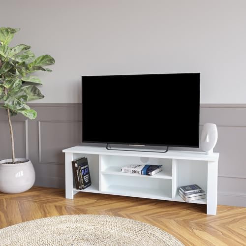 Bimossa Arsin White TV Stand Cabinet for 50 Inch TV – 114cm Durable Particle Board Unit with Open Shelves and Resilient Finish, Ideal for Living Room and Office