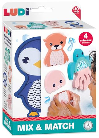 LUDI - Mix & Match - Jouet De Bain - 4 Animaux en Mousse À Assembler - Pièces Interchangeables - Flottantes - Dès 10 Mois - pour Jouer dans Le Bain - 1 Tortue, 1 Pieuvre, 1 Loutre, 1 Pingouin