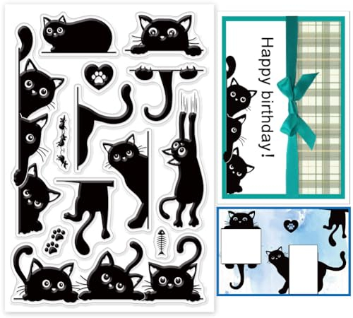 GLOBLELAND Schwarze Katze Silikonstempel Katzenrand Transparente Stempel Cartoon Tier Kompass Klare Stamps Für Karten Herstellung DIY Scrapbooking Basteln
