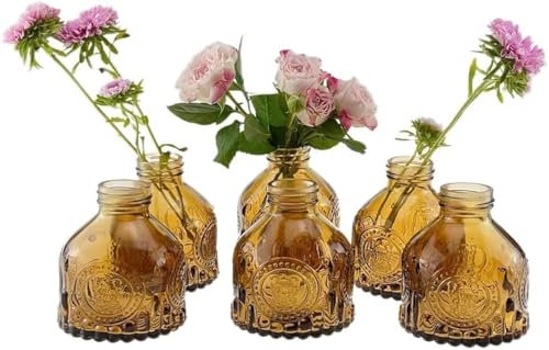 MEETOZ Glass Bud Vases Set of 6,Mini Vintage Bottles,for Home Wedding Party Event Office,Petite Modern Glass Flower Vase Floral Arrangements (Brown)