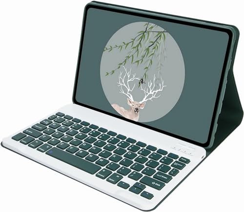 XFTeoux Tastatur Hülle Für Amazon Fire HD 10 Und Fire HD 10 Plus Tablet, Weiche TPU-Rückseite Mit Magnetisch Abnehmbarer Bluetooth-Tastatur Hülle,Dark Green
