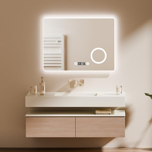 EMKE® LED Badspiegel Lichtspiegel LED Spiegel Wandspiegel mit Touch-Schalter Badspiegel mit Beleuchtung und Uhr 80x60cm IP44 3000K/4000K/6500K dimmbar