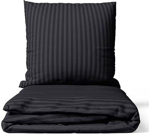 Visaggio Bettwäsche 155x220 cm Premium Mikrofaser Damast Bettbezug Set mit Reißverschluss Gestreift Modern Schwarz