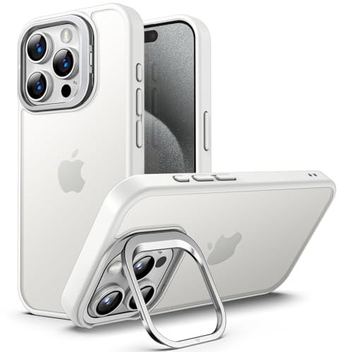 JETech Kickstand Case for iPhone 15 Pro 6.1-Inch, Built-in Adjustable Camera Stand, Military Grade Drop Protection, Frosted Translucent Matte Back Shockproof Phone Cover (White Titanium)