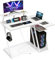 COSTWAY Bureau Gaming d'angle 107 x 80 cm, Bureau d'ordinateur en Forme de L avec Support d'écran, 2 Prises Électriques et 2 Ports USB, Table Gaming en Fibre de Carbone avec Rangement (Blanc)