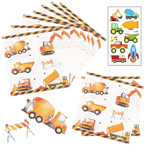 Servietten Bagger, 40 Stück Bagger Servietten 33x33cm Servietten Baustelle Servietten Bagger, Mit Bagger Tattoo Aufkleber, Servietten Kindergeburtstag Junge Partygeschirr Servietten Party Dekoration